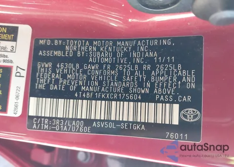 2012 Toyota Camry Xle из США, поврежденный, VIN 4T4BF1FKXCR175604